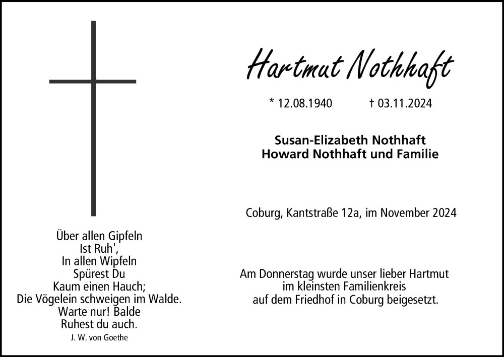  Traueranzeige für Hartmut Nothhaft vom 23.11.2024 aus MGO