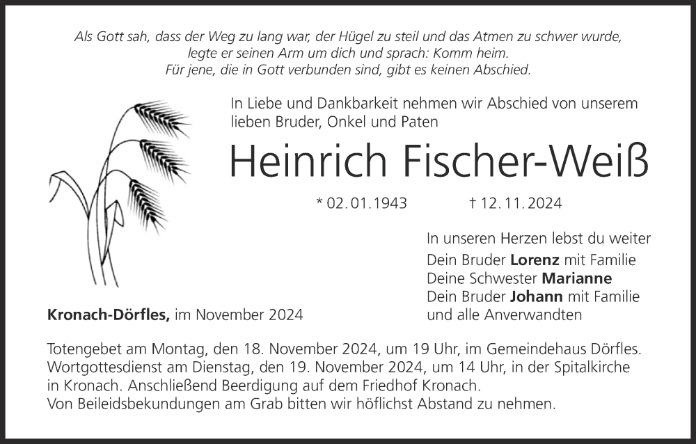  Traueranzeige für Heinrich Fischer-Weiß vom 16.11.2024 aus MGO