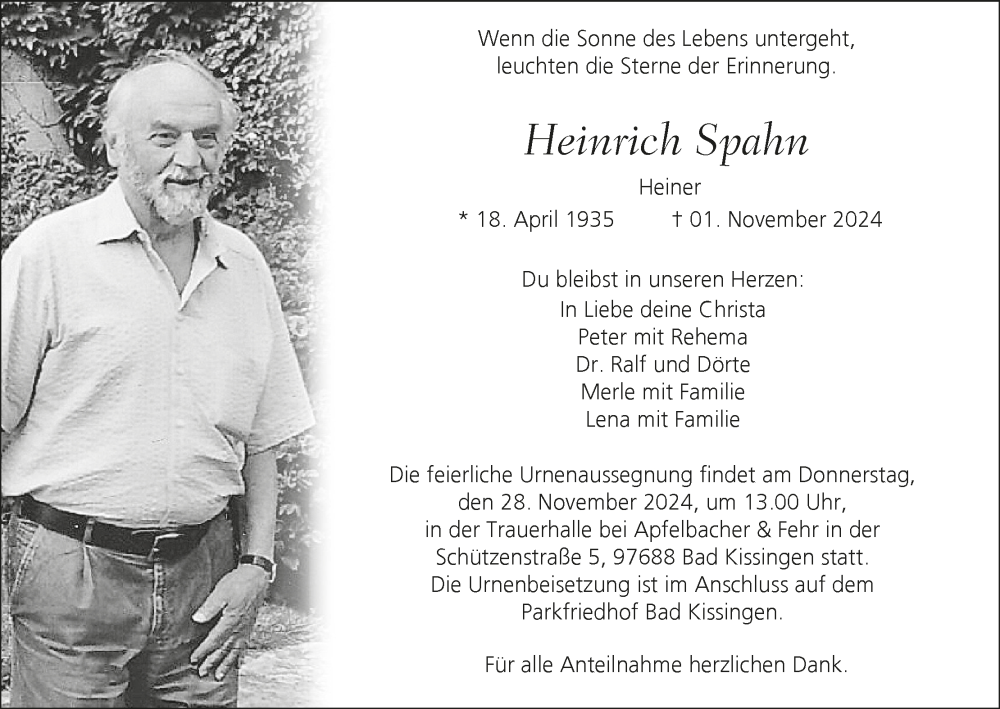  Traueranzeige für Heinrich Spahn vom 16.11.2024 aus MGO