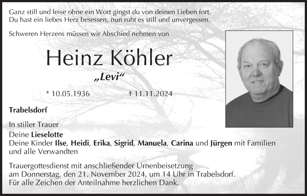  Traueranzeige für Heinz Köhler vom 16.11.2024 aus MGO