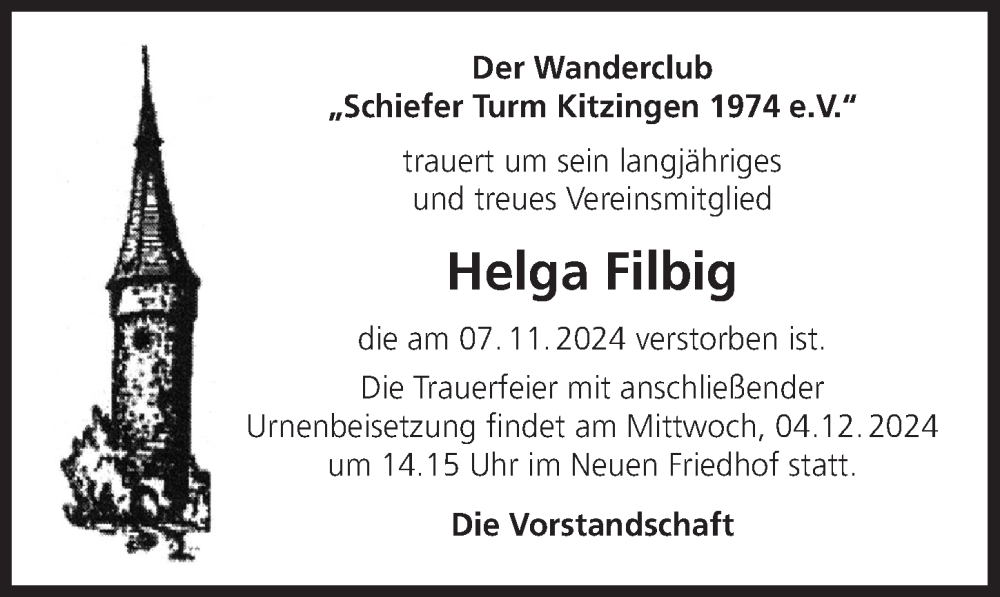  Traueranzeige für Helga Filbig vom 28.11.2024 aus MGO