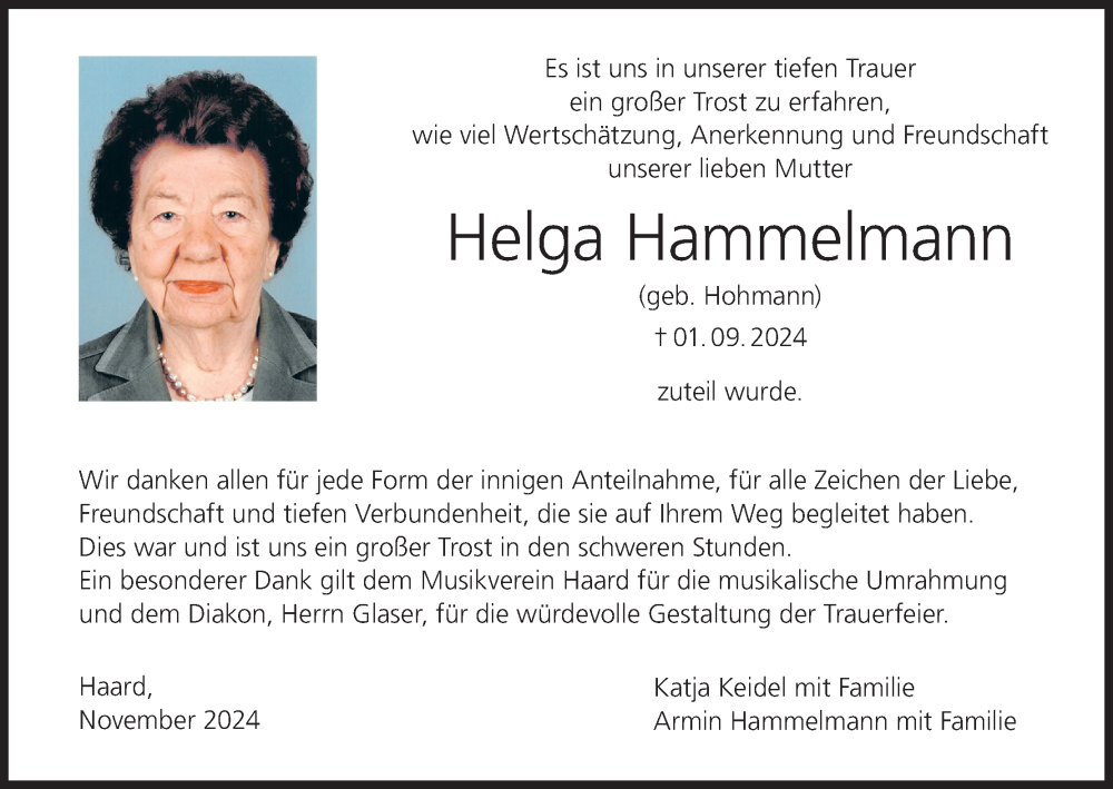  Traueranzeige für Helga Hammelmann vom 09.11.2024 aus MGO