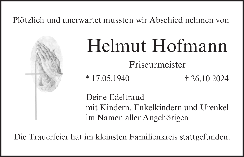  Traueranzeige für Helmut Hofmann vom 16.11.2024 aus MGO