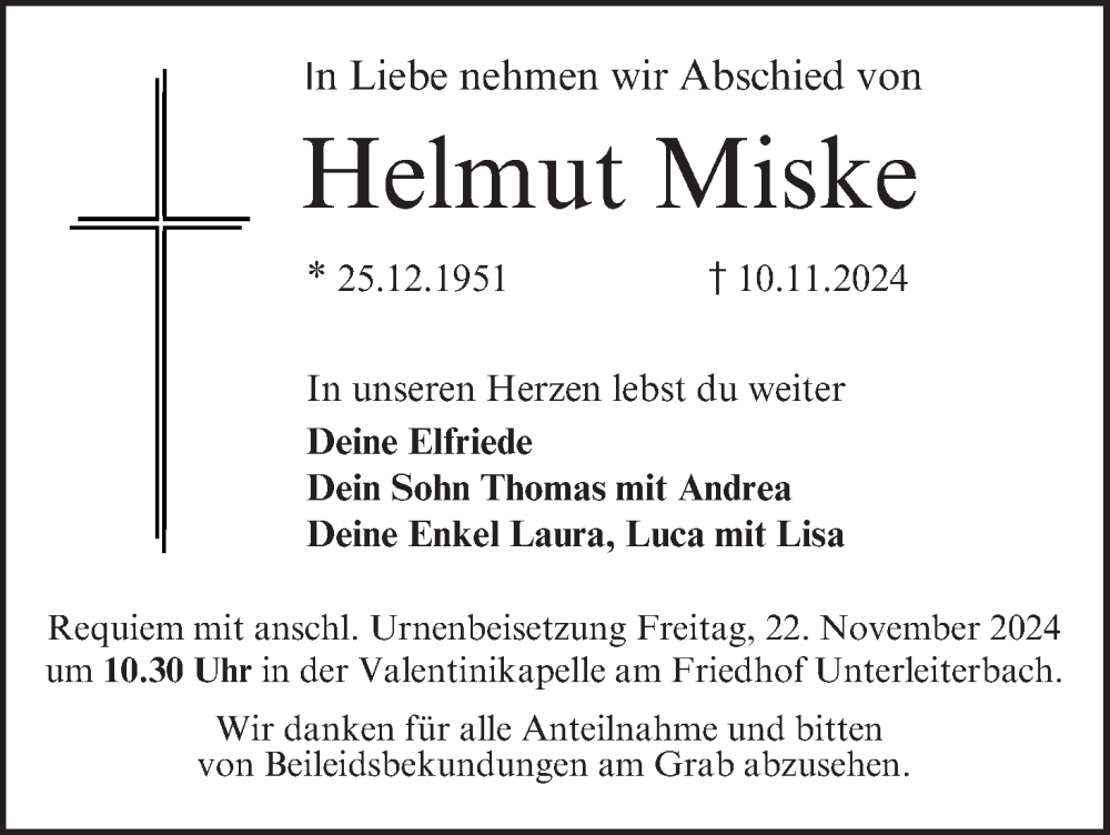  Traueranzeige für Helmut Miske vom 16.11.2024 aus MGO