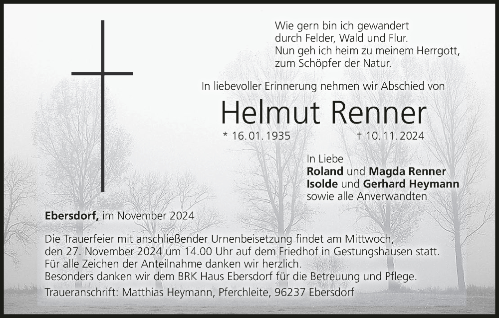  Traueranzeige für Helmut Renner vom 23.11.2024 aus MGO