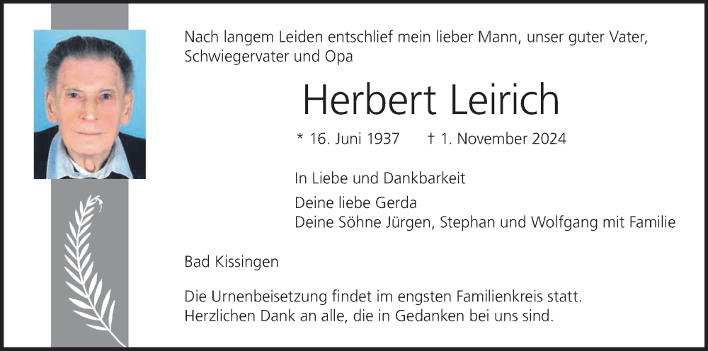  Traueranzeige für Herbert Leirich vom 09.11.2024 aus MGO