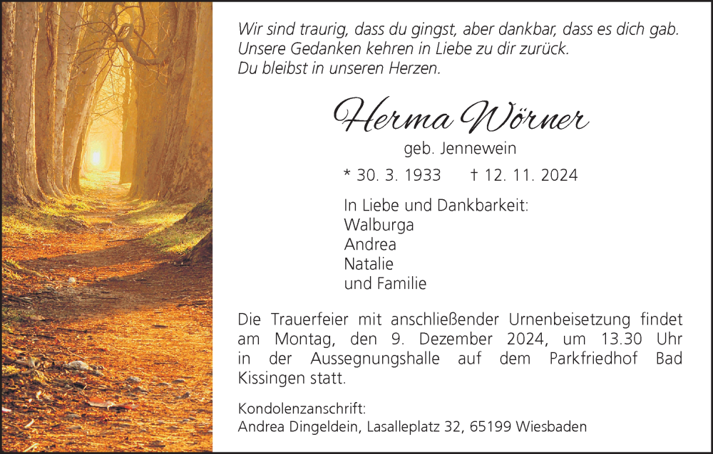  Traueranzeige für Herma Wörner vom 30.11.2024 aus MGO