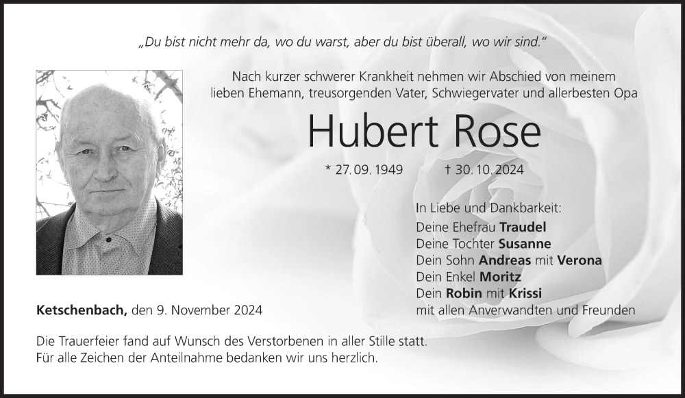  Traueranzeige für Hubert Rose vom 09.11.2024 aus MGO