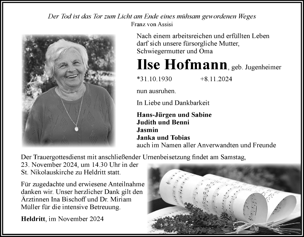  Traueranzeige für Ilse Hofmann vom 19.11.2024 aus MGO