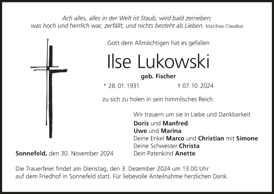 Anzeige von Ilse Lukowski von MGO