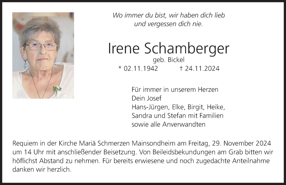  Traueranzeige für Irene Schamberger vom 27.11.2024 aus MGO