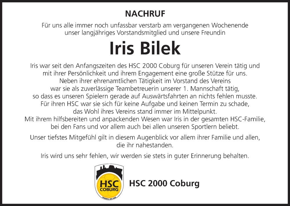  Traueranzeige für Iris Bilek vom 22.11.2024 aus MGO