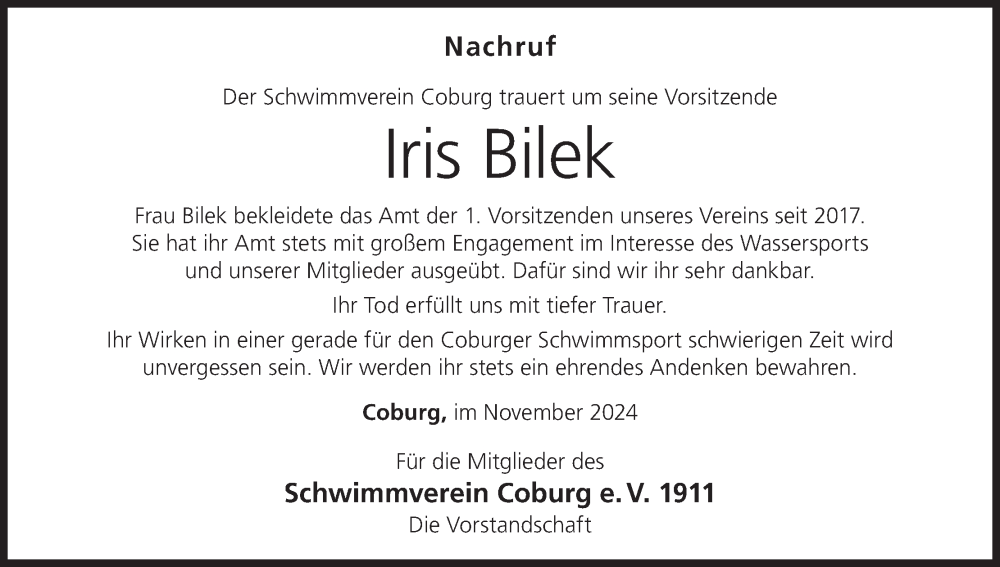  Traueranzeige für Iris Bilek vom 23.11.2024 aus MGO
