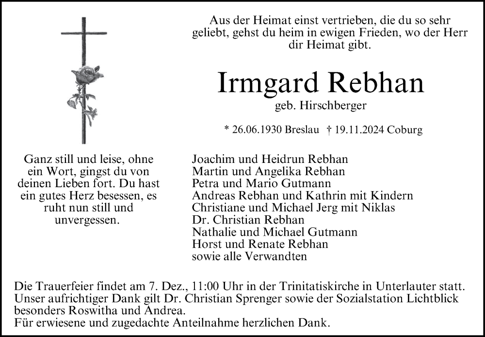  Traueranzeige für Irmgard Rebhan vom 30.11.2024 aus MGO