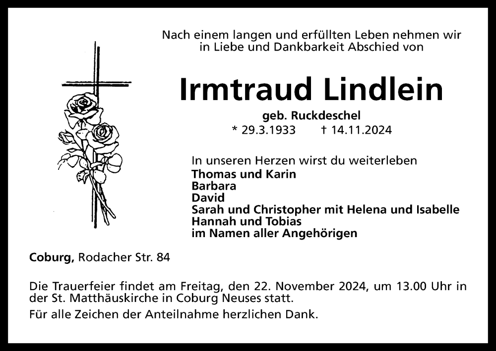 Traueranzeige für Irmtraud Lindlein vom 19.11.2024 aus MGO