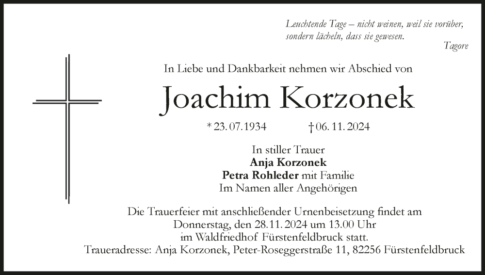  Traueranzeige für Joachim Korzonek vom 16.11.2024 aus MGO