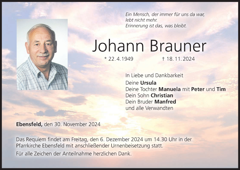  Traueranzeige für Johann Brauner vom 30.11.2024 aus MGO
