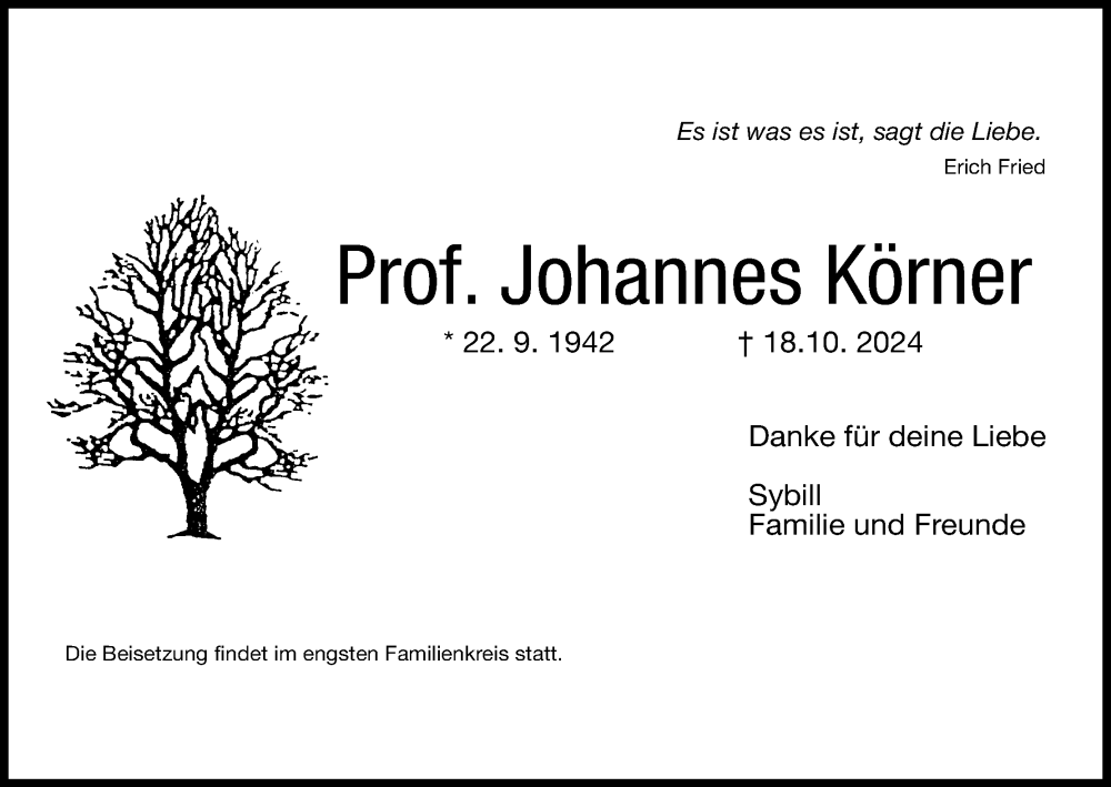  Traueranzeige für Johannes Körner vom 08.11.2024 aus MGO