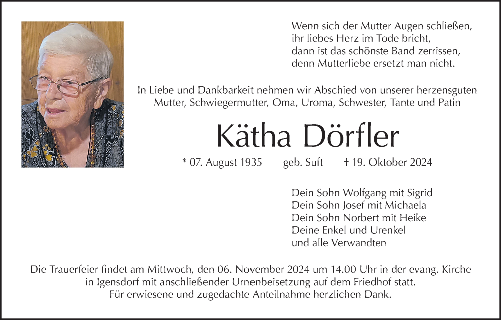  Traueranzeige für Kätha Dörfler vom 02.11.2024 aus MGO