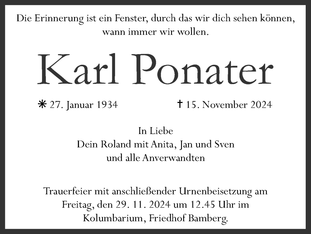  Traueranzeige für Karl Ponater vom 23.11.2024 aus MGO
