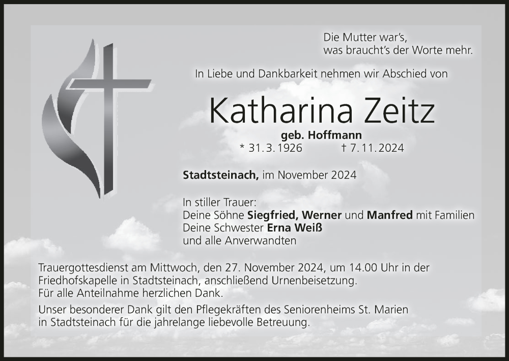  Traueranzeige für Katharina Zeitz vom 16.11.2024 aus MGO