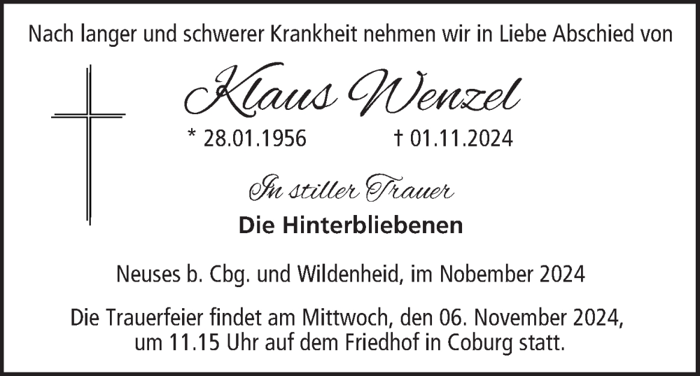  Traueranzeige für Klaus Wenzel vom 05.11.2024 aus MGO