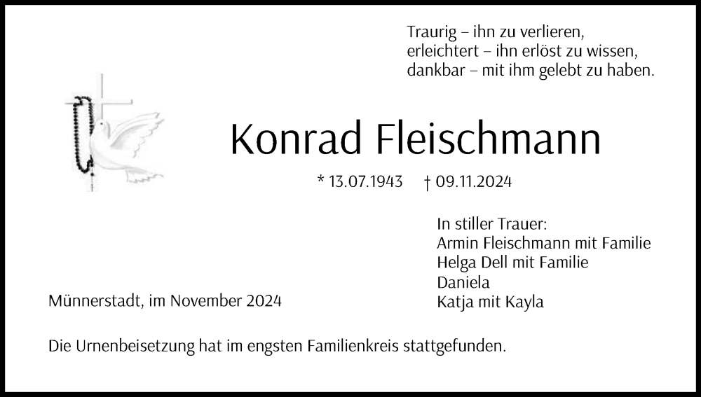  Traueranzeige für Konrad Fleischmann vom 30.11.2024 aus MGO