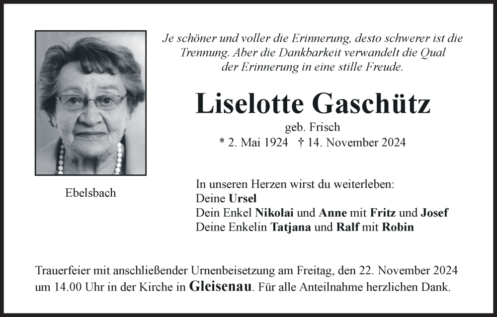  Traueranzeige für Liselotte Gaschütz vom 19.11.2024 aus MGO