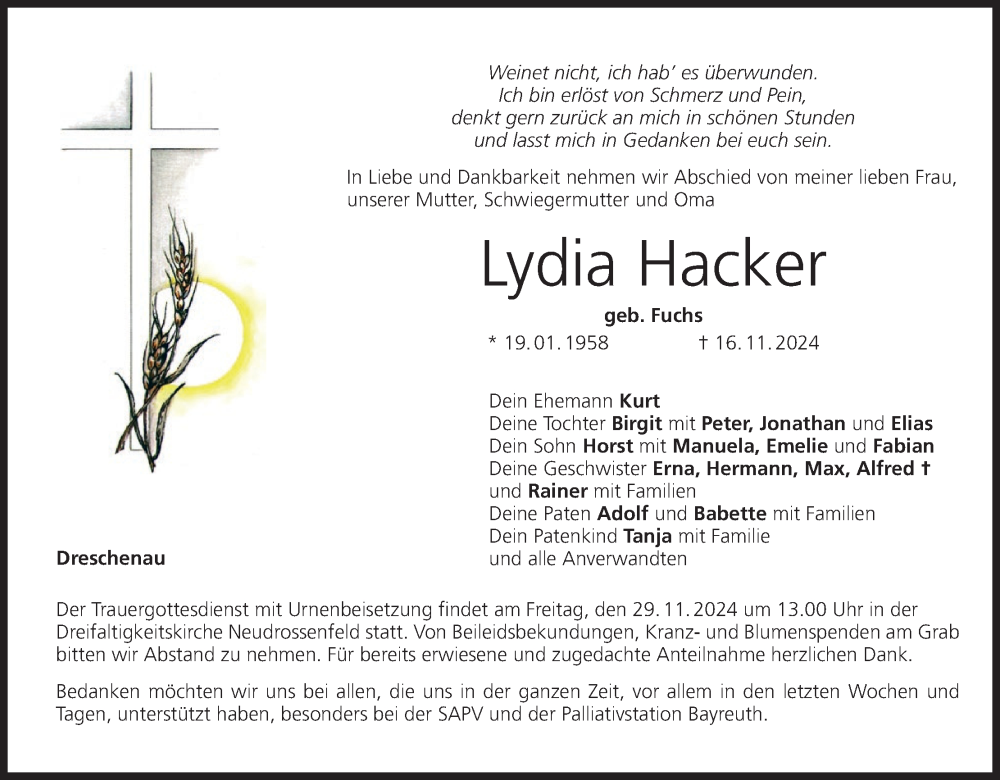  Traueranzeige für Lydia Hacker vom 23.11.2024 aus MGO