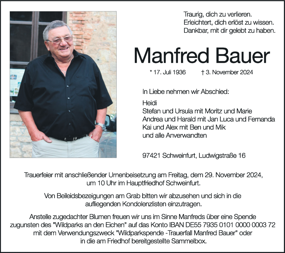  Traueranzeige für Manfred Bauer vom 23.11.2024 aus MGO