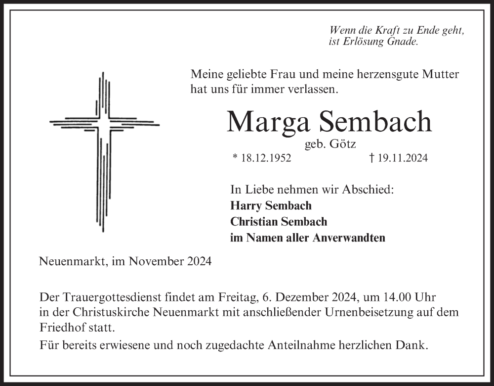  Traueranzeige für Marga Sembach vom 30.11.2024 aus MGO