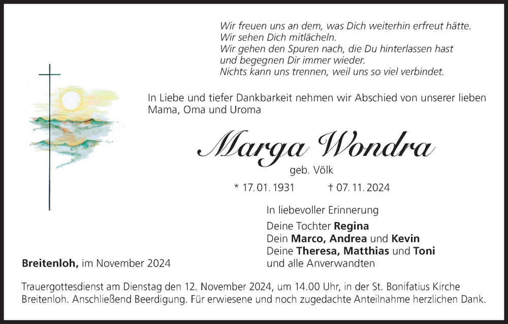  Traueranzeige für Marga Wondra vom 09.11.2024 aus MGO