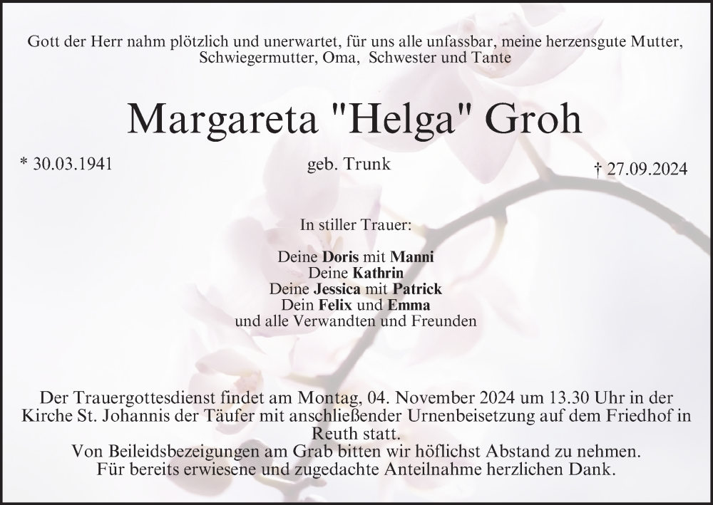  Traueranzeige für Margareta Groh vom 30.10.2024 aus MGO