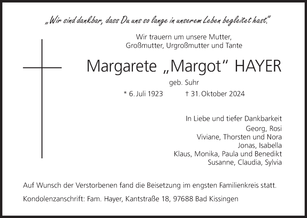  Traueranzeige für Margarete Hayer vom 09.11.2024 aus MGO