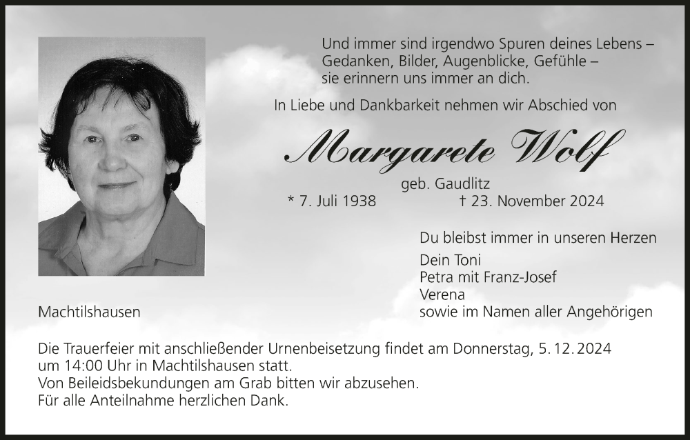  Traueranzeige für Margarete Wolf vom 30.11.2024 aus MGO