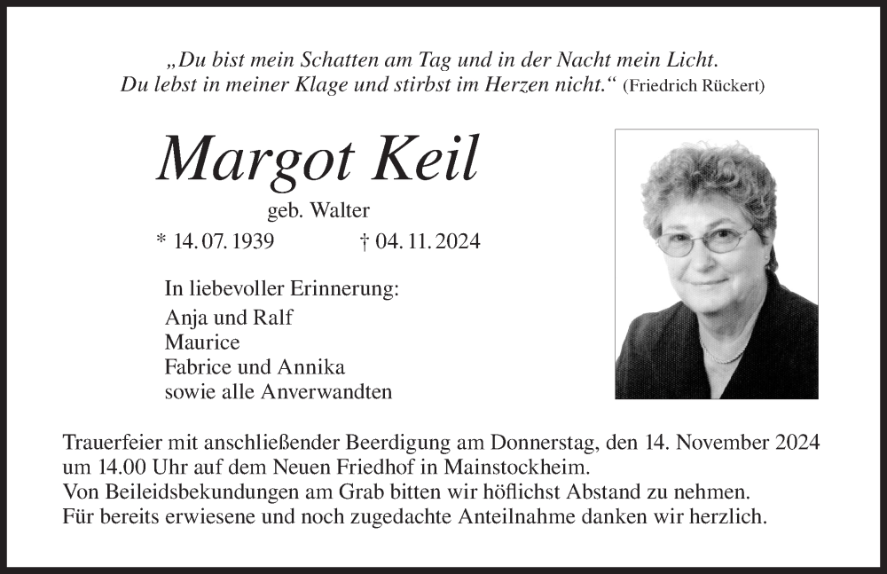  Traueranzeige für Margot Keil vom 12.11.2024 aus MGO