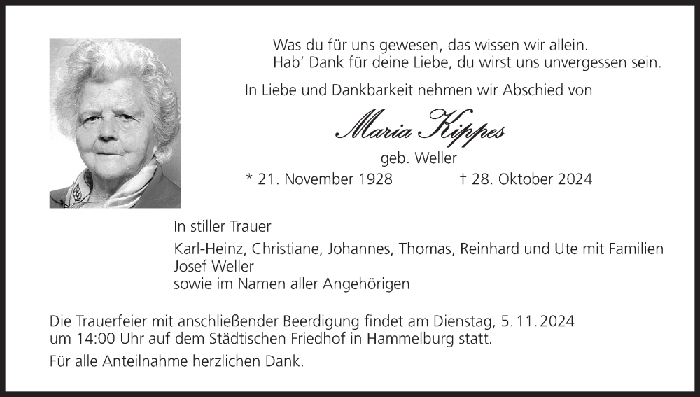  Traueranzeige für Maria Kippes vom 02.11.2024 aus MGO