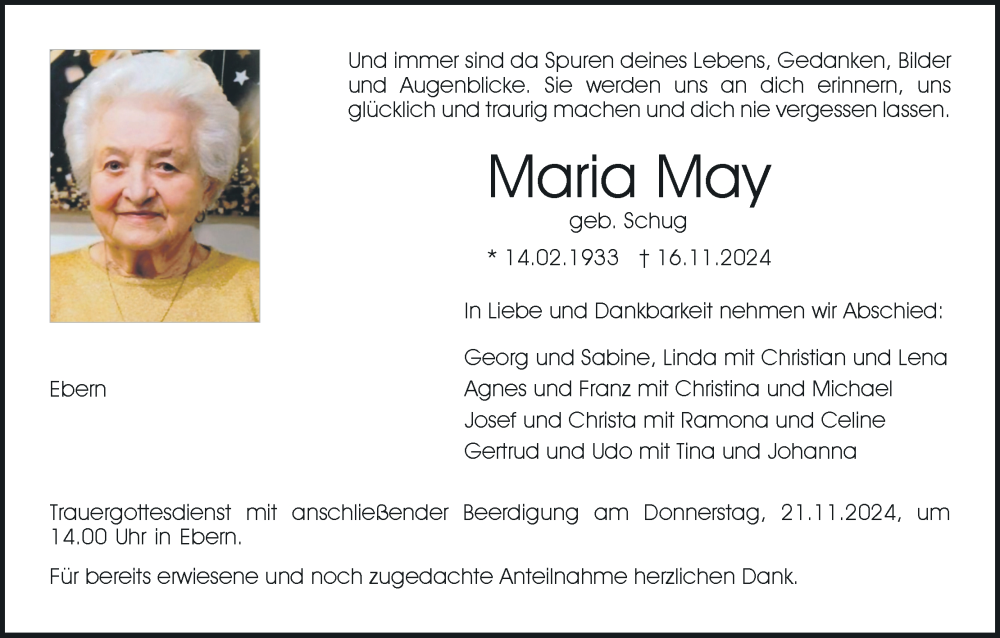  Traueranzeige für Maria May vom 19.11.2024 aus MGO