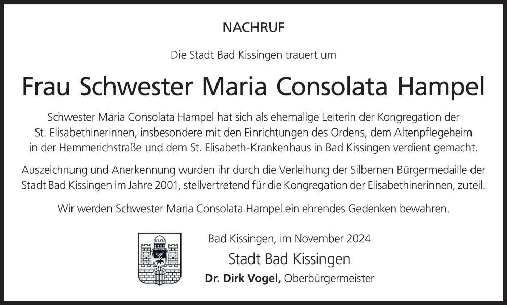  Traueranzeige für Maria Consolata Hampel vom 23.11.2024 aus MGO