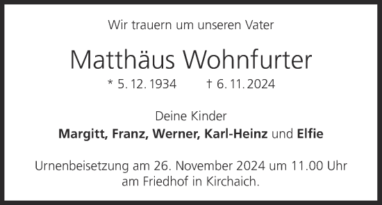 Anzeige von Matthäus Wohnfurter von MGO