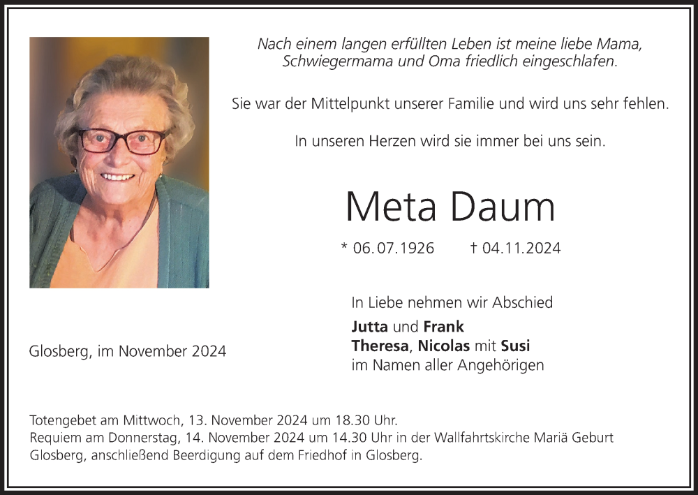  Traueranzeige für Meta Daum vom 09.11.2024 aus MGO