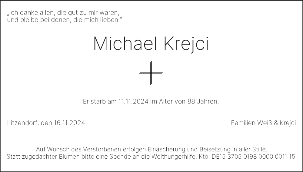  Traueranzeige für Michael Krejci vom 16.11.2024 aus MGO