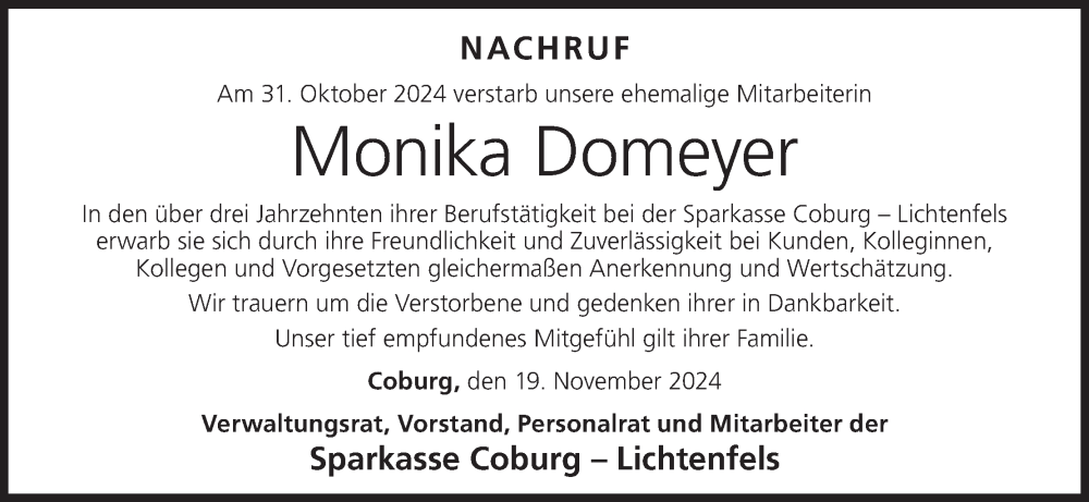  Traueranzeige für Monika Domeyer vom 19.11.2024 aus MGO