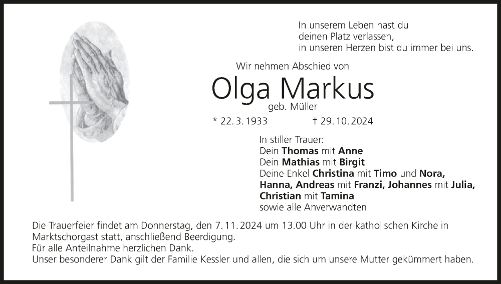  Traueranzeige für Olga Markus vom 02.11.2024 aus MGO