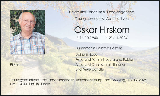 Anzeige von Oskar Hirskorn von MGO