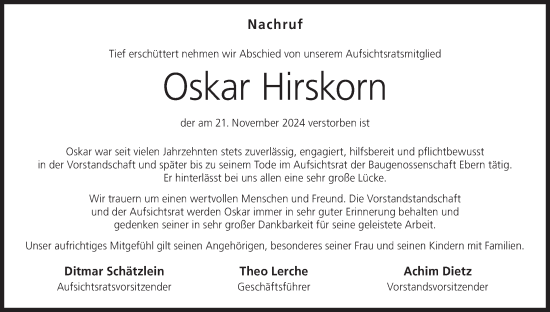 Anzeige von Oskar Hirskorn von MGO