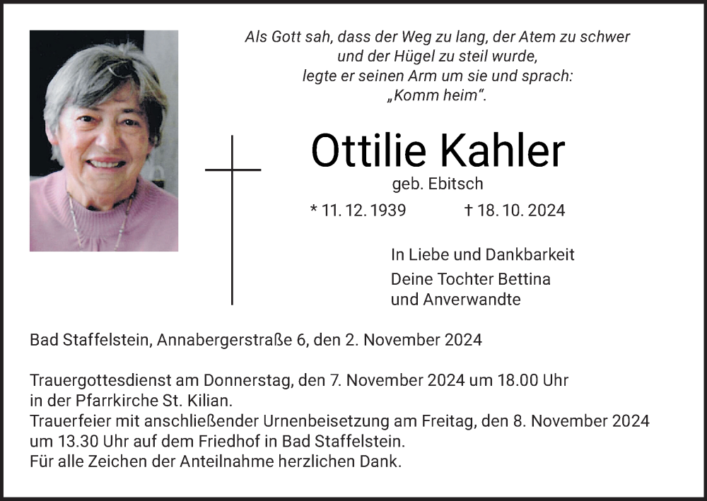 Traueranzeige für Ottilie Kahler vom 02.11.2024 aus MGO