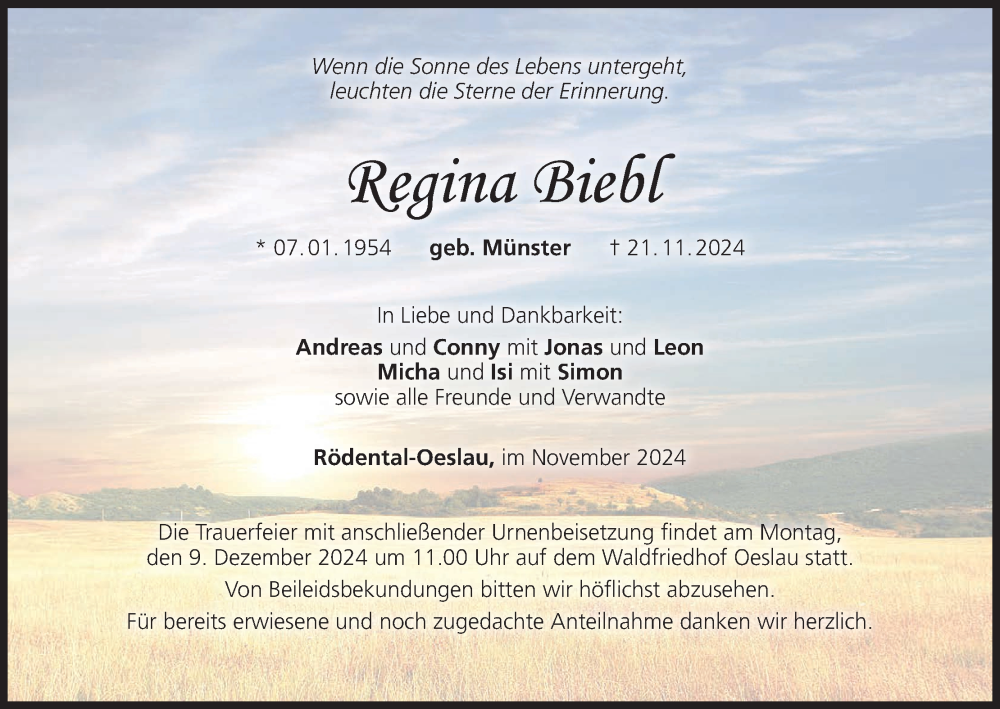  Traueranzeige für Regina Biebl vom 30.11.2024 aus MGO