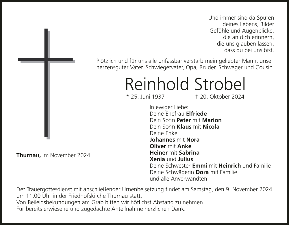  Traueranzeige für Reinhold Strobel vom 06.11.2024 aus MGO
