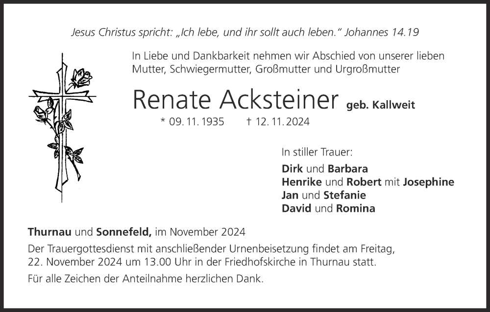  Traueranzeige für Renate Acksteiner vom 16.11.2024 aus MGO